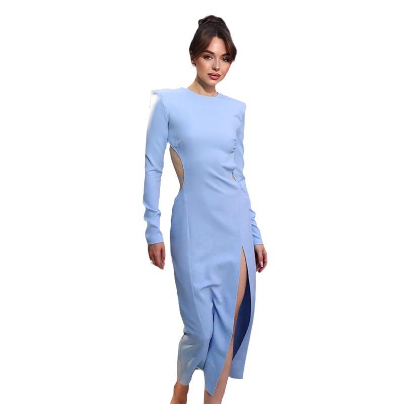 2024 Fall European & American Women's Solid Color Round Neck Hollow Out Sexy See-through Dress