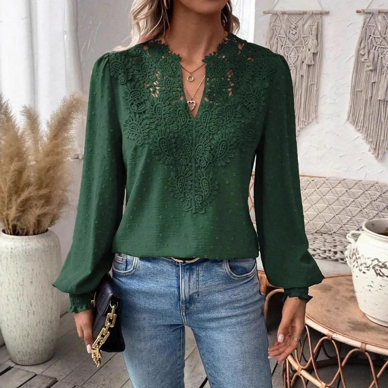 Women V Neck Lace Solid Long Sleeve Casual T Shirt