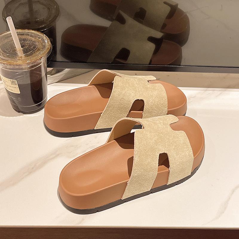 French style flat-bottomed retro casual one-word slippers for women in the summer of 2025, new models for exterior wear, fashionable beach H sandals
