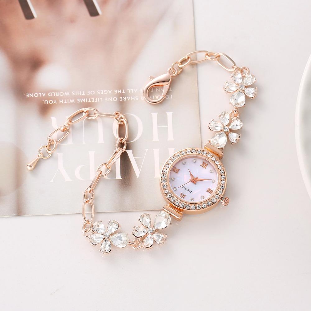 Roman-Scalped Quartz Bracelet Watch Diamond Embedded Adjustable Vintage Round Ladies Watches Gemstone Flower Clasp Alloy Case