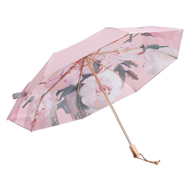 Automatic Black Glue Peony Sun & Rain Umbrella - Double-Layer Anti-UV, Oil Painting Design