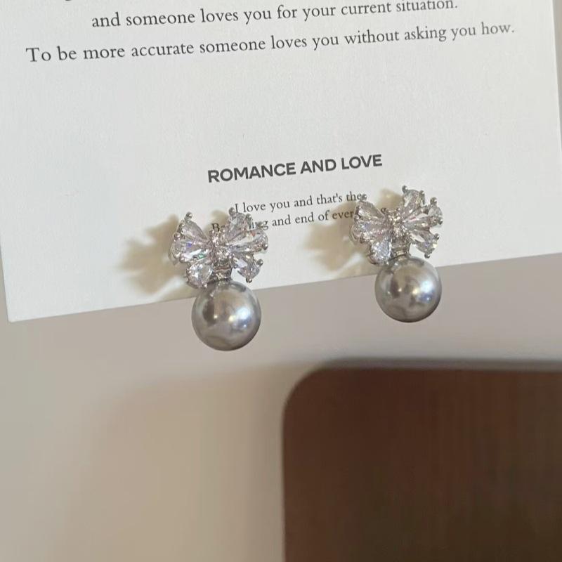 French Elegant Grey Pearl & Zircon Bow Stud Earrings: Exquisite Light Luxury Jewelry