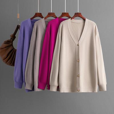 Cardigan ample à col en V et manches longues pour femme, couleur unie, mi-long, simple boutonnage, printemps-automne