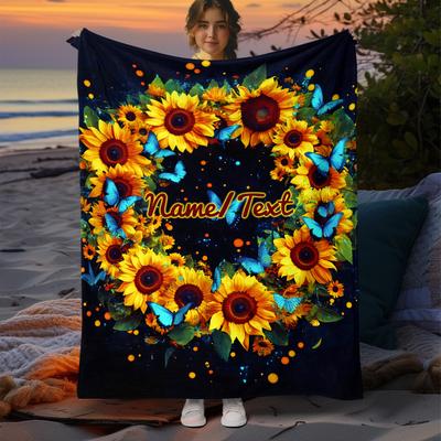 Custom Name Sunflower Flannel Blanket, Suitable for Sofa, Bed, Halloween, Birthdays, Children, Girls, Family, Friends, Gifts