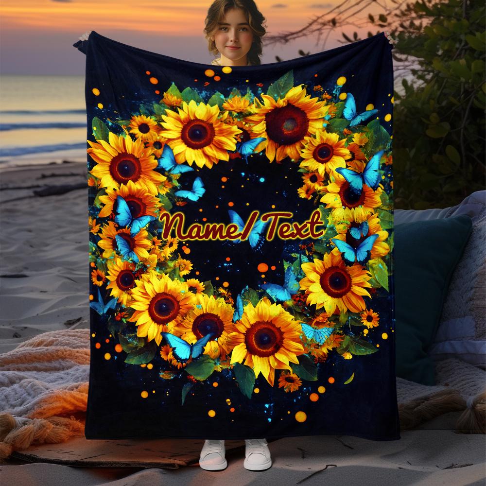 Custom name sunflower flannel blanket, suitable for sofa, bed, Halloween, birthdays, children, girls, family, friends, gifts