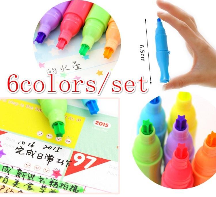 6Pcs/lot Mini Star Fluorescent Highlighter Pens Water Color Marker Pen Lovely Material Escolar Schoo