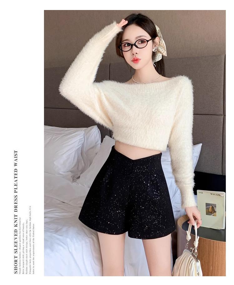 French Sparkly High-Waisted Woolen A-Line Shorts - Women's Autumn/Winter Slimming Wide-Leg Booty Pants
