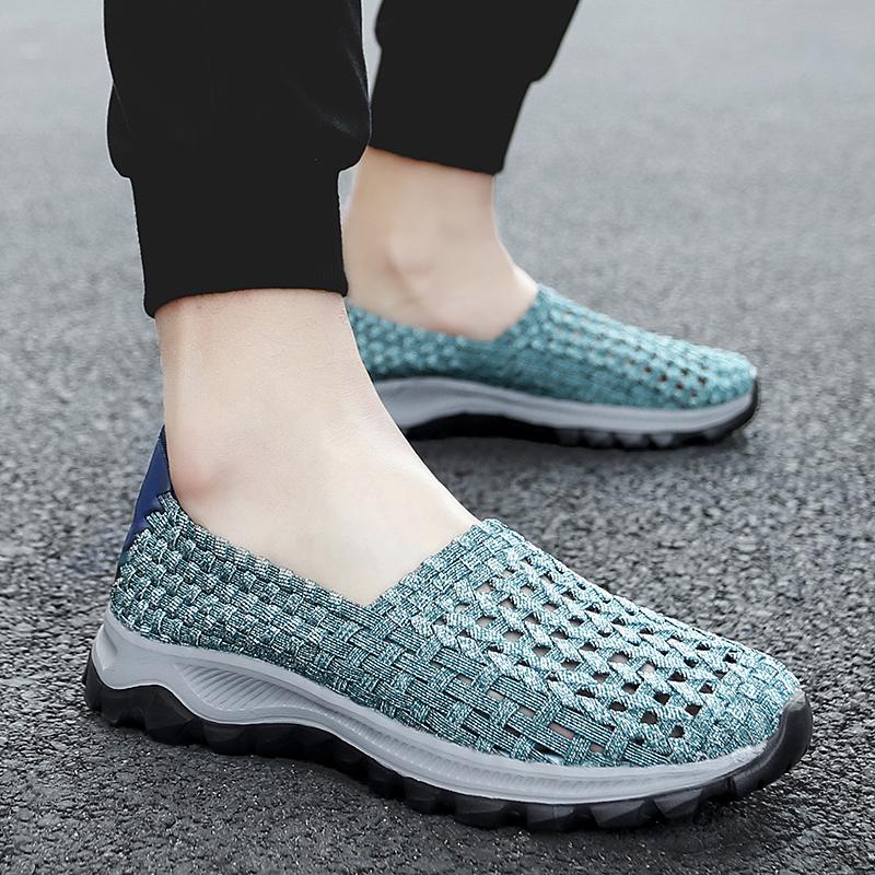 Summer Men Sneakers Braid Beach Shoes Casual Weave Blue Grey Breathable Slip on Flats Tennis Sneakers