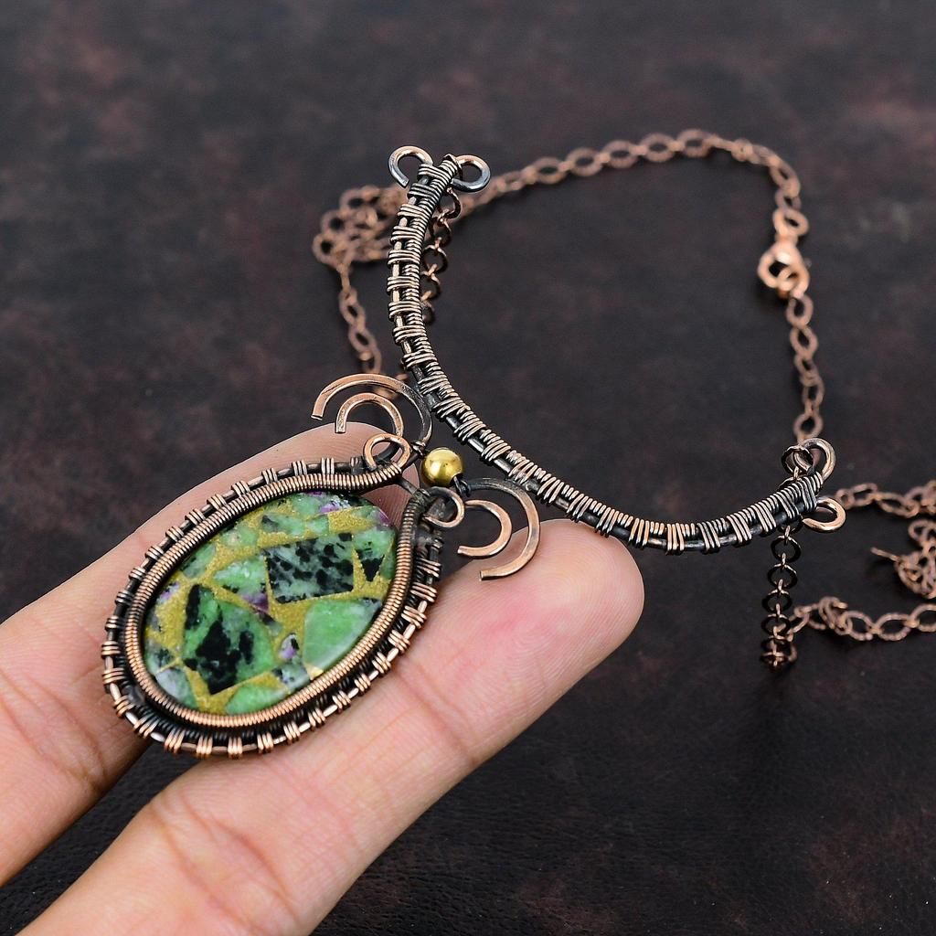 Copper Ruby Zoisite Necklace Copper Wire Wrapped Necklace Gemstone Jewelry Handmade Adjustable Necklace Antique Copper Jewelry Wedding Gift