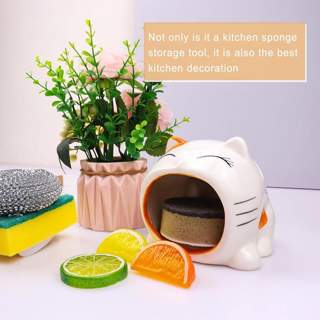 Sponge Holder for Kitchen Cute Ceramics Kitchen Sink Caddy, Sink Sponge Rack Kawaii Cartoon Kitchen Dish Sponge Organizer Suitable for Kitchen