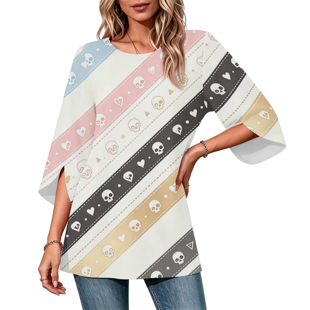 Women's Halloween Print Casual Top, Round Neck, Three-Quarter Sleeve, Loose Fit