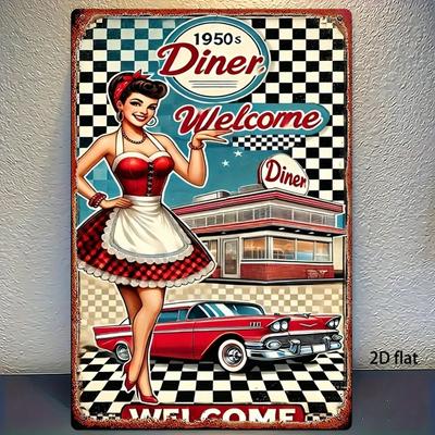 Vintage Metall-Wandkunst aus den 1950er Jahren, Mini-Diner-Schild mit Kellnerin & Auto, Schweres Eisen, Einfach aufzuhängen für Zuhause Café Bar Garage