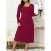 Women's casual long dress with long sleeves V-neck solid color wood earrings plus size dress