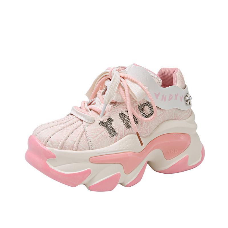 Fashion 8CM Microfiber Leather Bling Sneakers New 2025 Autumn Thick Soled Sports Dad Shoes Diamond Breathable Casual Chunky Shoes