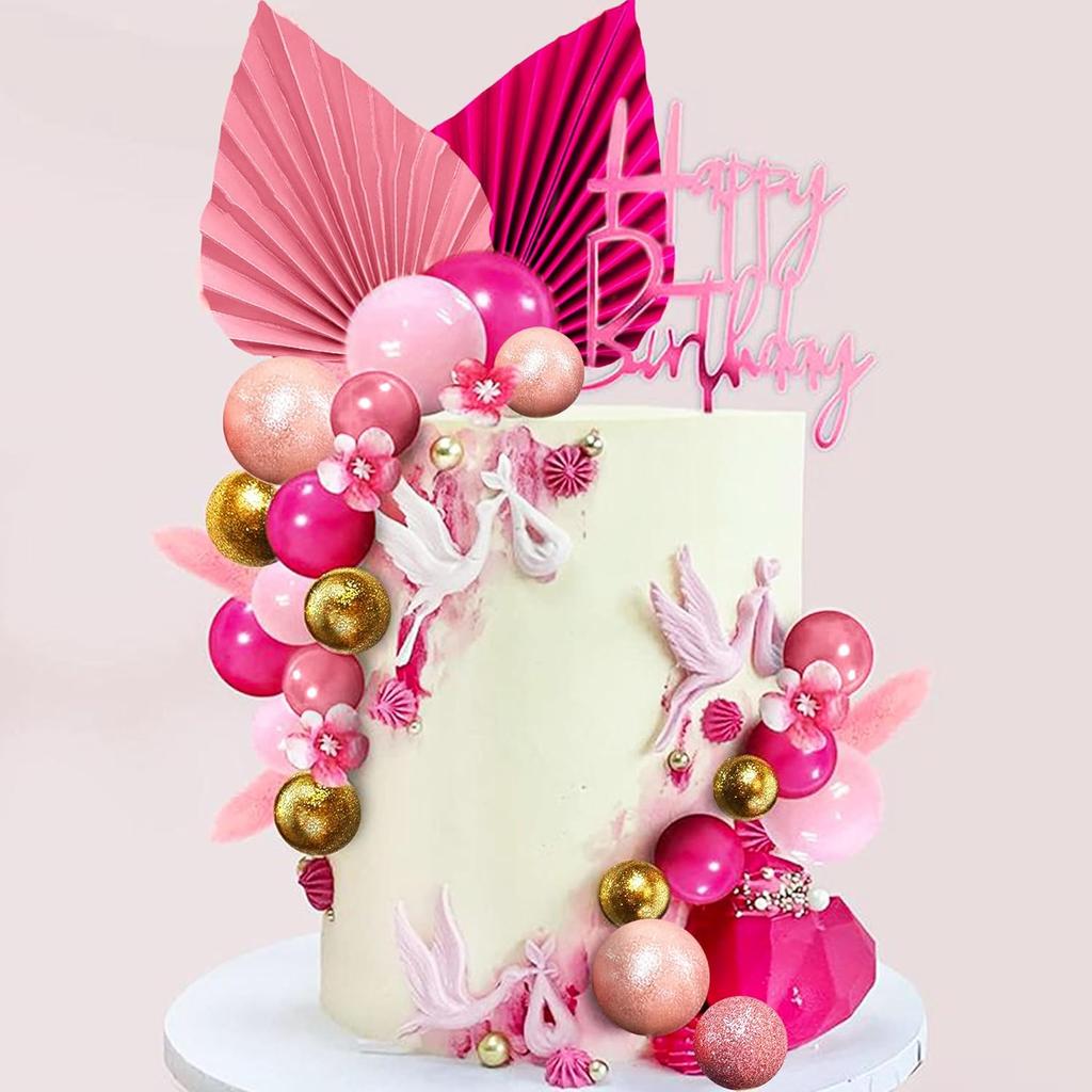 32-teiliges Set rosa Kugeln und Palmenblätter als Kuchendekoration im Boho-Stil für Hochzeiten und Geburtstage