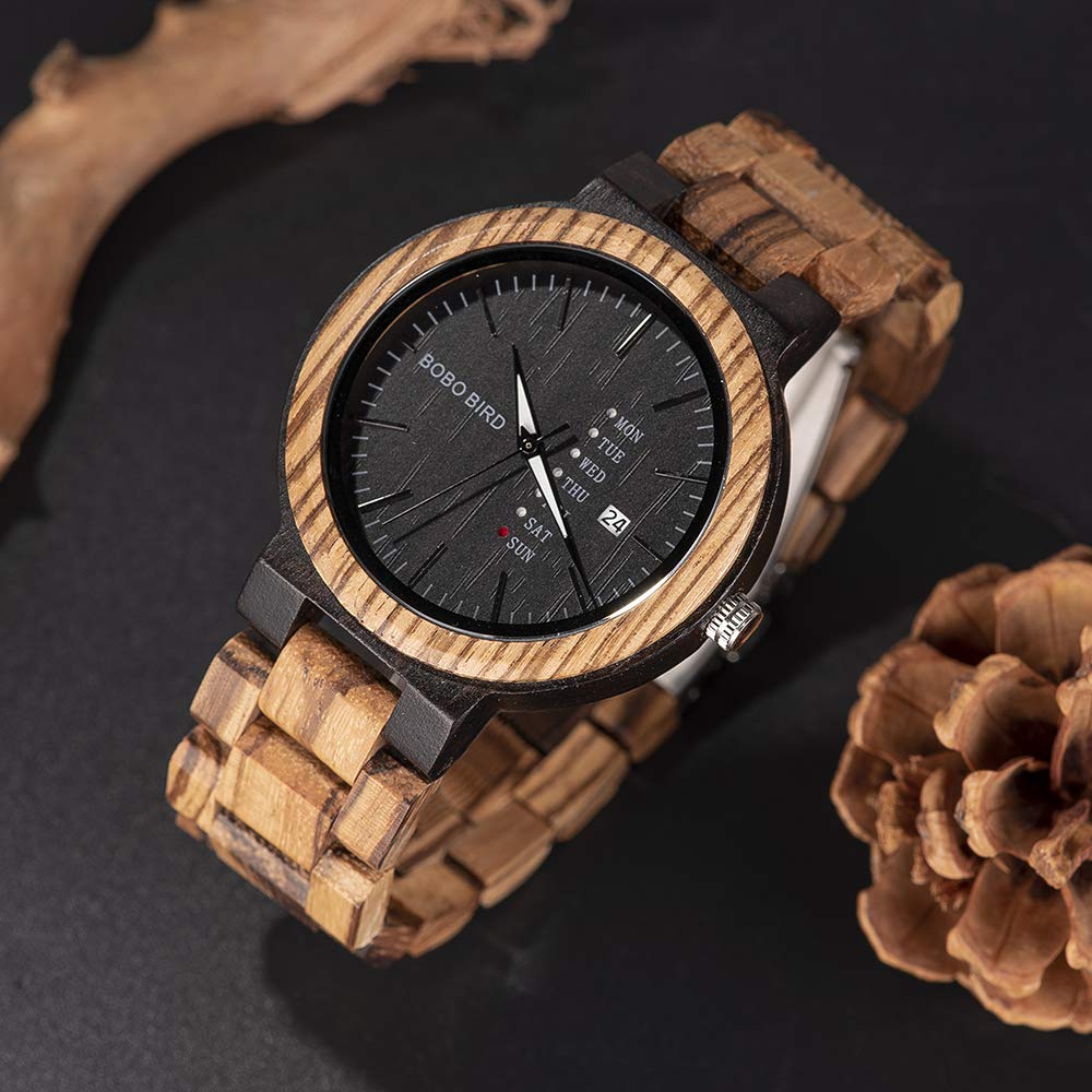 BOBO BIRD Men's Wood Watch, Analog Quartz Movement, Week Display, Lightweight, Handmade Wooden Watch for Men