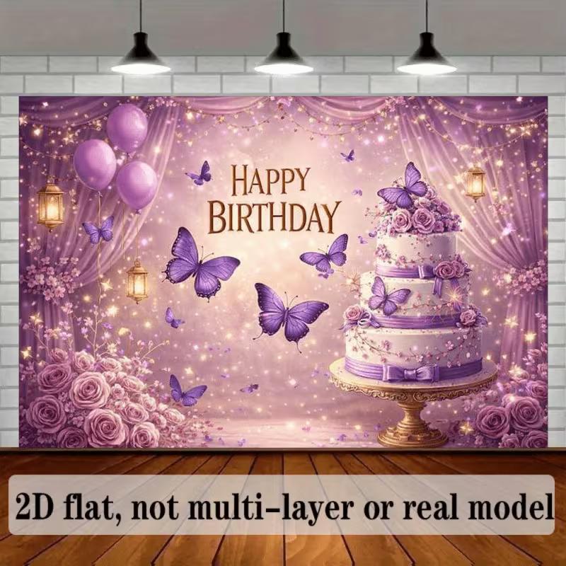 2D 2D Flat Purple Happy Birthday Backdrop Banner for Women Birthday Party