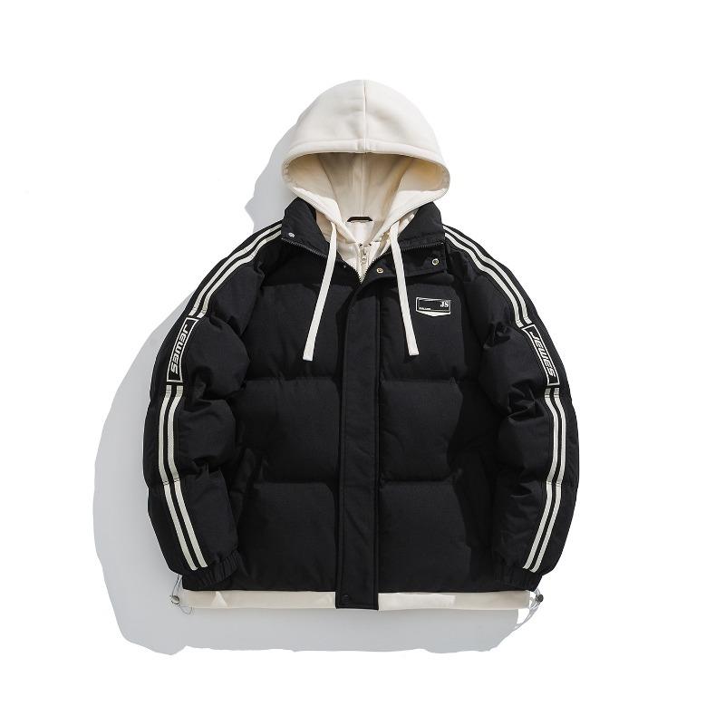 New couple loose hooded cotton-padded jacket, winter black fake two-piece thickened warm cotton-padded jacket