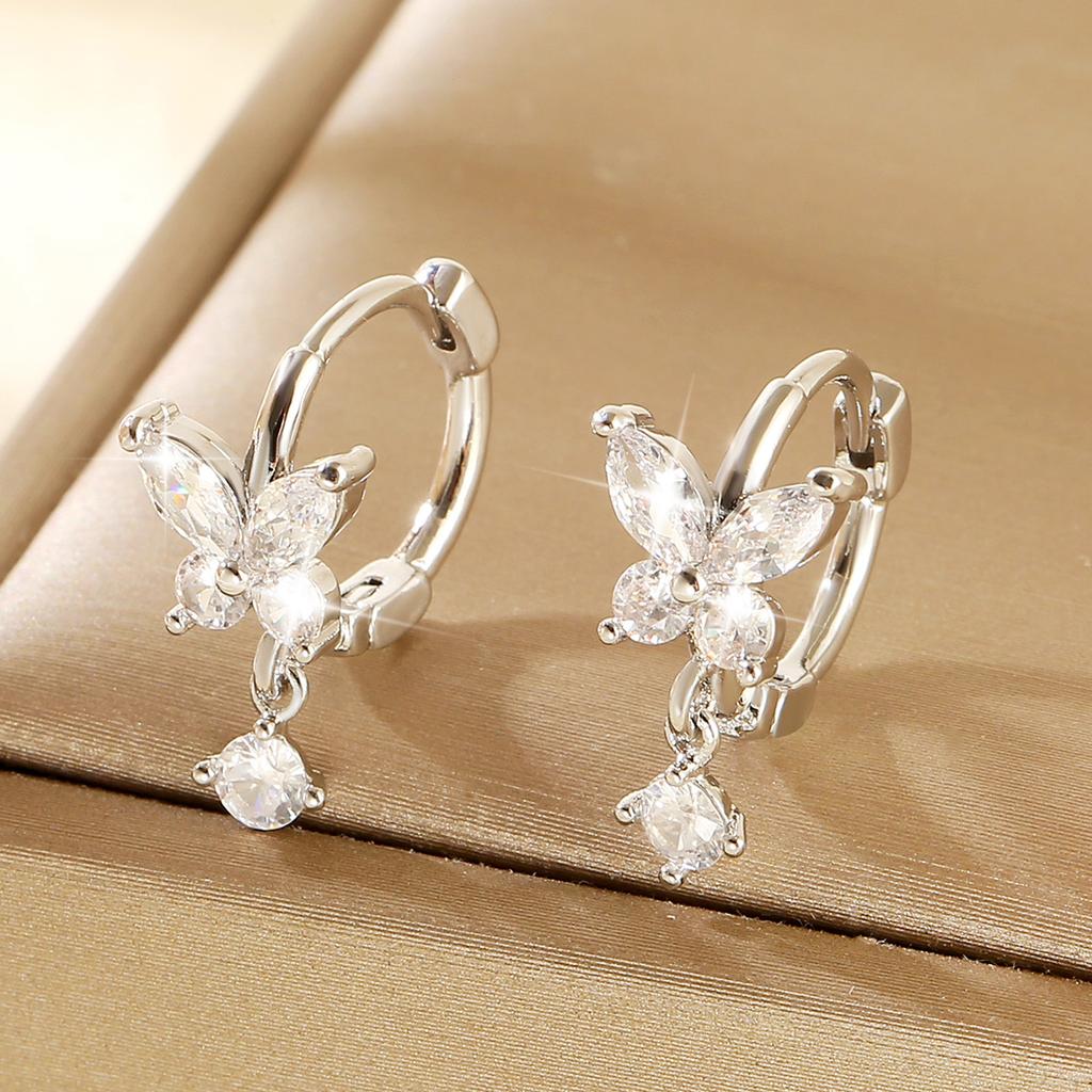 Simple Zircon Butterfly Earrings Round Ear Cuff Sweet Drop Pendant Women Fashion Jewelry