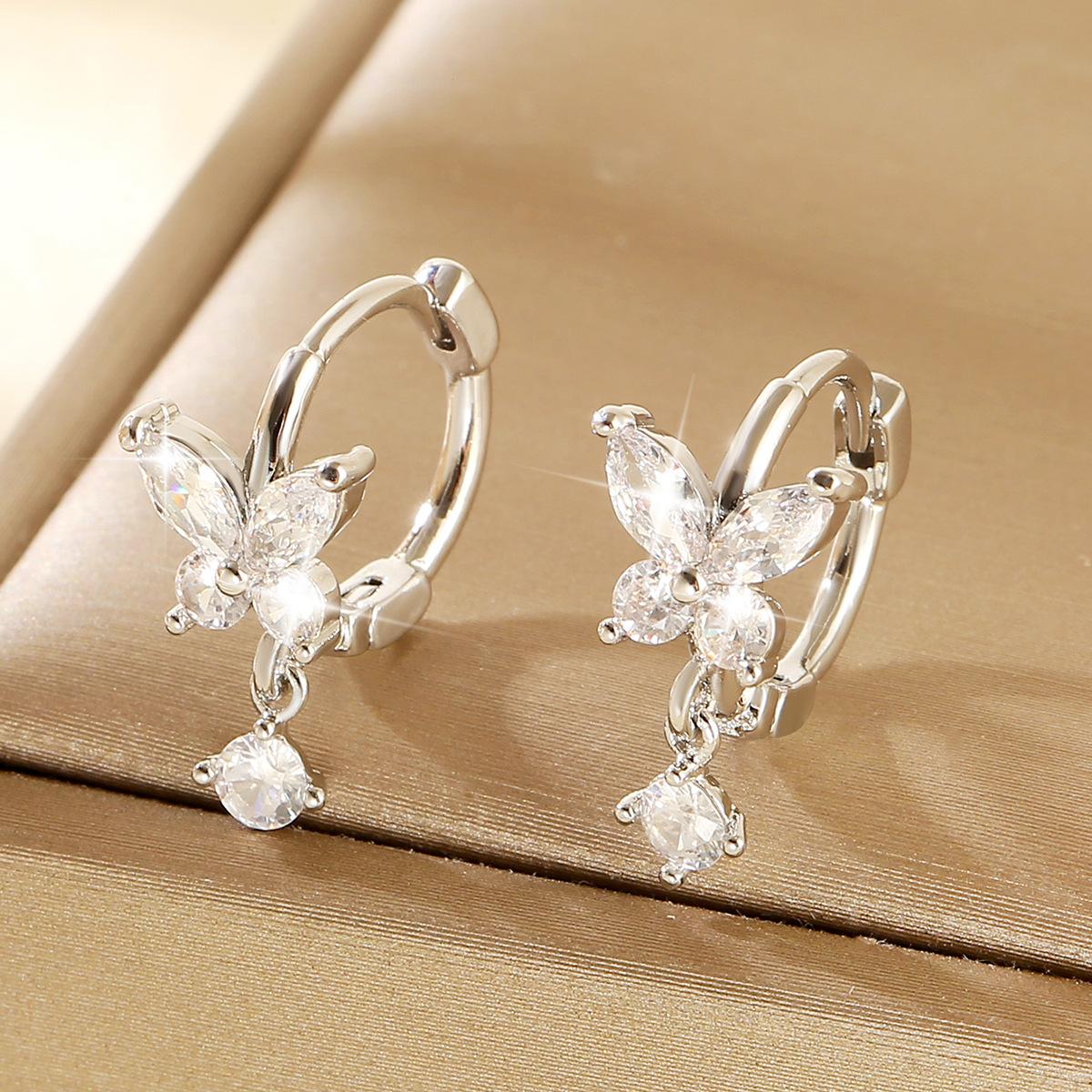 Simple Zircon Butterfly Earrings Round Ear Cuff Sweet Drop Pendant Women Fashion Jewelry серебряный
