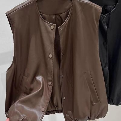 Women's Autumn Winter Style Sleeveless Outerwear Layering Fashionable Round Neck