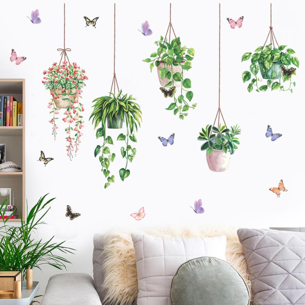 Green Potted Plant Window Decals, Self-Adhesive and Butterfly Wall Stickers for Home Decor