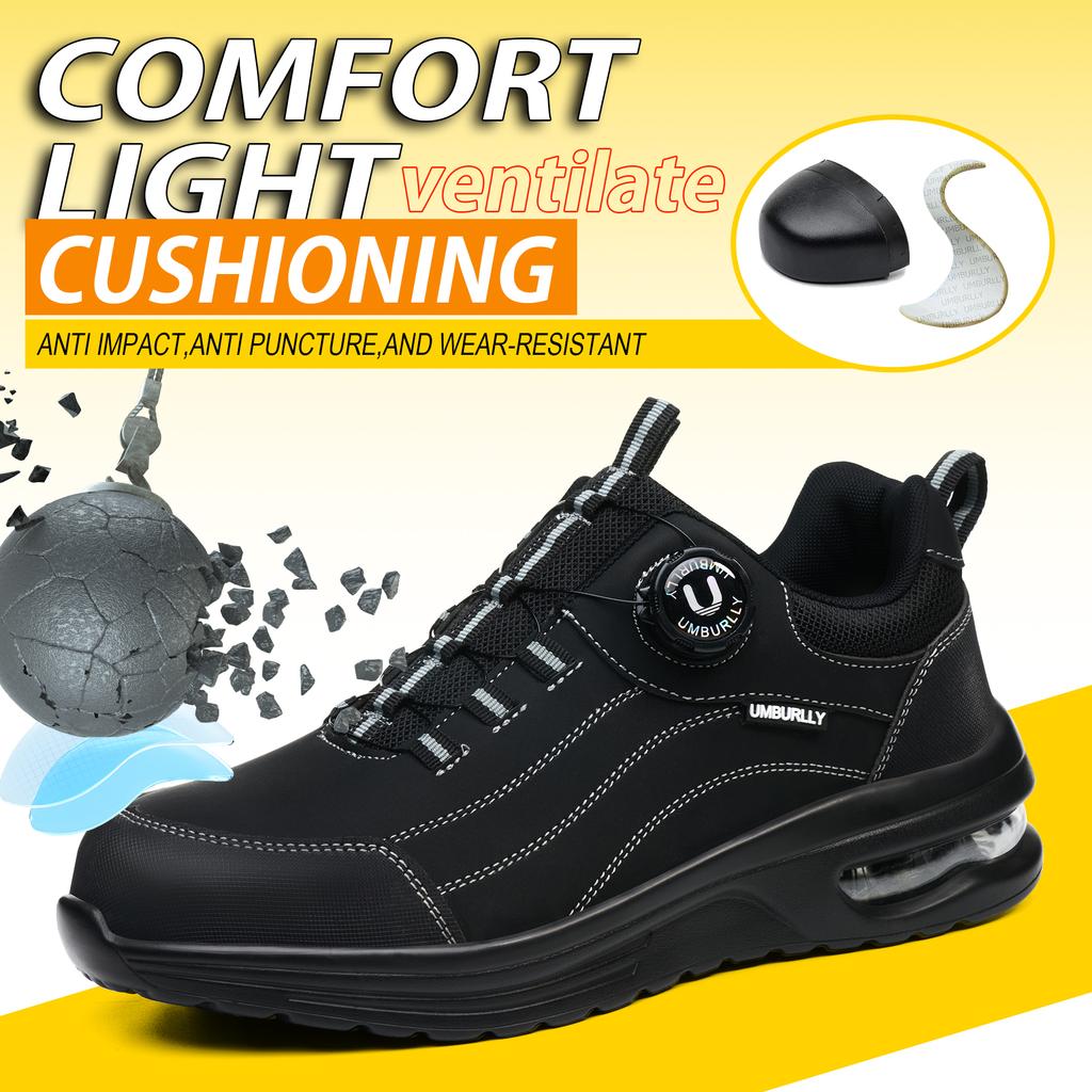 Men's Safety Work Boots Steel Toe Puncture Resistant Kevlar Midsole Air Cushion Black Button Style Industrial Construction Shoes
