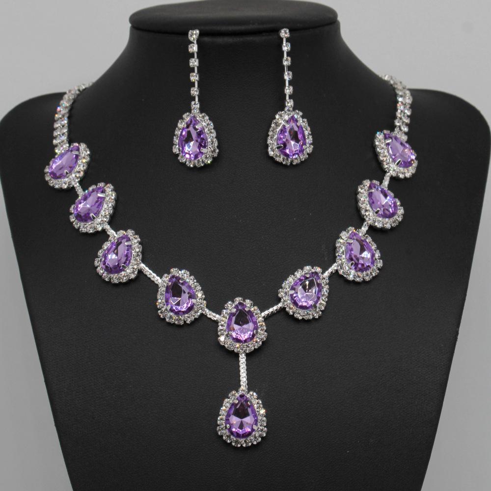 European & American Fashion Colored Diamond Teardrop Necklace & Earrings Set - Bridal Jewelry