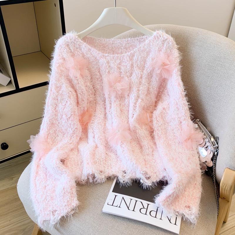 Eleganter 3D-Blumen-Strickpullover für Damen, Süßes Rosa Kunst Nerz Samt - Weiche, Gemütliche Strickware One Size rosa
