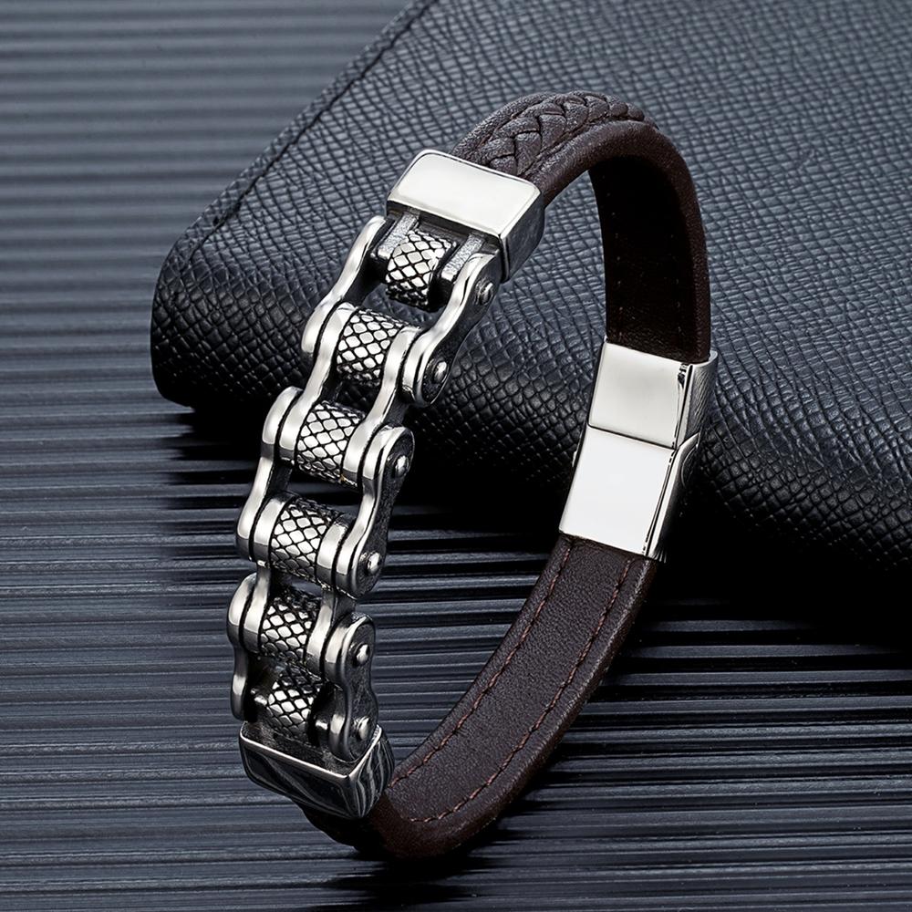 Punk Men Biker Chain Braided Genuine Leather Bracelet Stainless Steel Magnetic Buckle Bracelet Gifts Homme Pulseras
