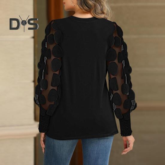 Damen-Oberteile, Rundhalsausschnitt, Mesh, hohl, Puffärmel, Pullover, Oberteile, einfarbig, vielseitige Styling-Bluse