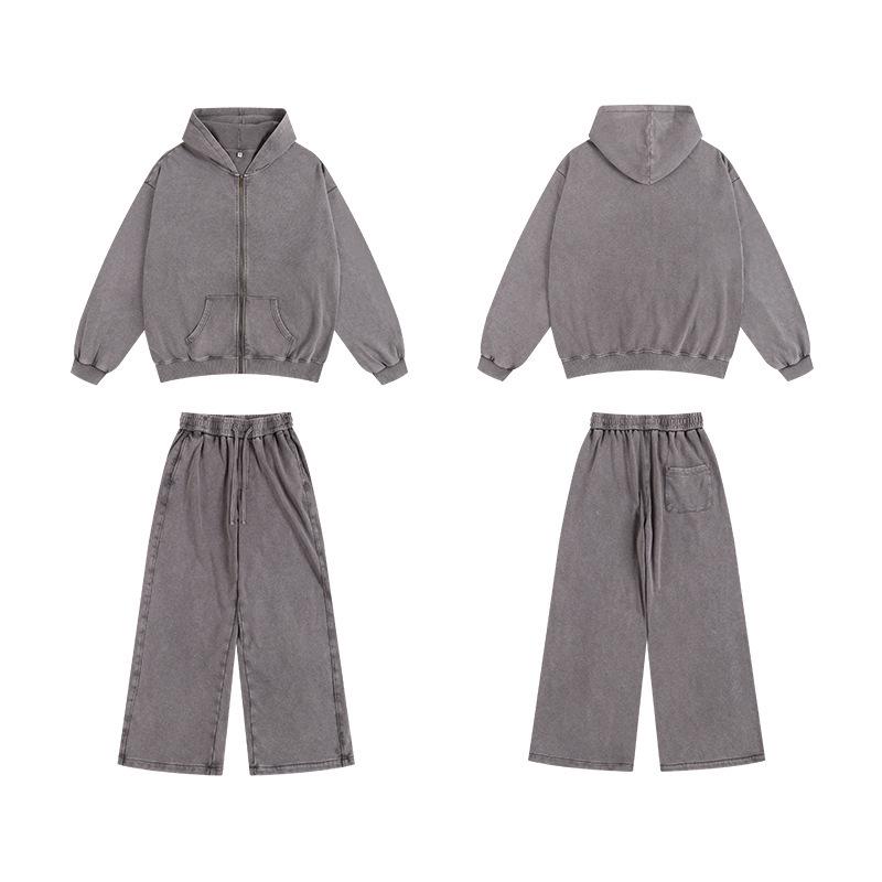 Oversized 350g Cotton Distressed Zip-Up Hoodie - Large, Drop Shoulder, Retro Washed Terry Cardigan