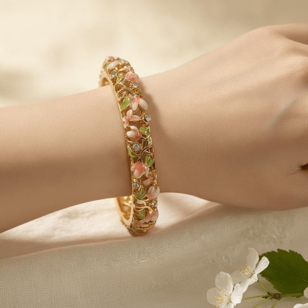 Enamel Chinese Flower Bangle Hollowed Floral Women's Hand Bracelet Vintage Cloisonne Bangle  Ladies