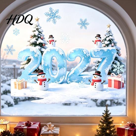 Removable New Year Decals 2027 Christmas Winter Window Cling Static Sticker with Snowman PVC Tree Snowfalke Waterproof Glass Door Decal