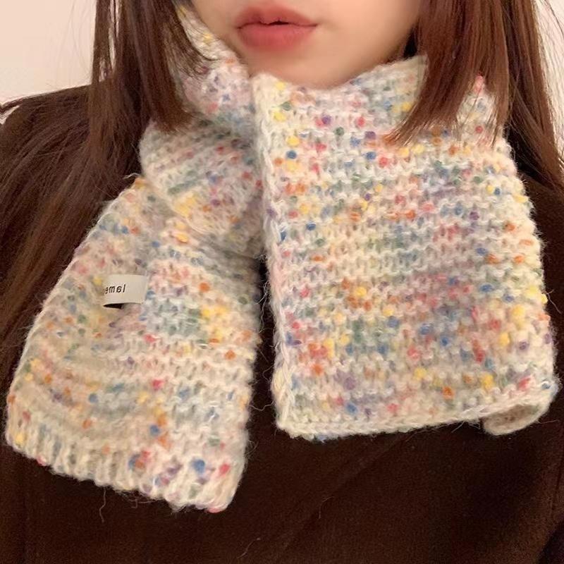 Korean Style Woolen Scarf for Women New Style Rainbow Jelly Beans Autumn and Winter Student Warm Rainbow Knitted Simple Women's Scarf