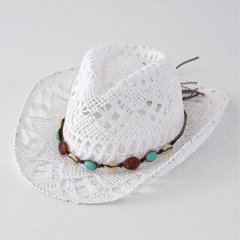 Unisex Hollow Out Woven Straw Cowboy Hat With Turquoise Shell Bead Band