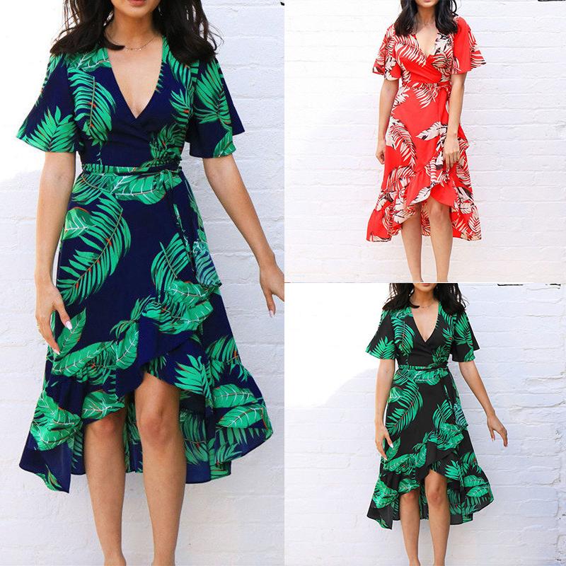 WTEMPO New Arrival 2019 Chiffon Summer Dress Sexy V Neck Print Short Sleeve Beach Dress Irregular Sa