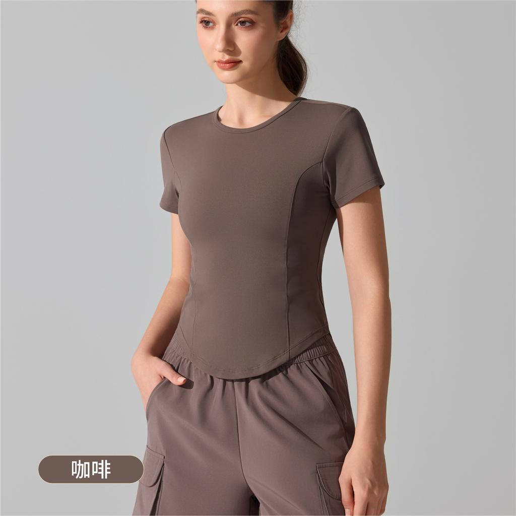 Antibacterial Crew Neck Yoga Suit Running Top Slim-fit T-shirt Waist Cover Flesh Skinny Sports Fitness Short Sleeve Women