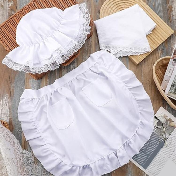 White Mobs Caps Ruffle Maid Waitress Apron Colonial Costume Set Pioneers Girls Costume Accessories for Maid Revolutionary