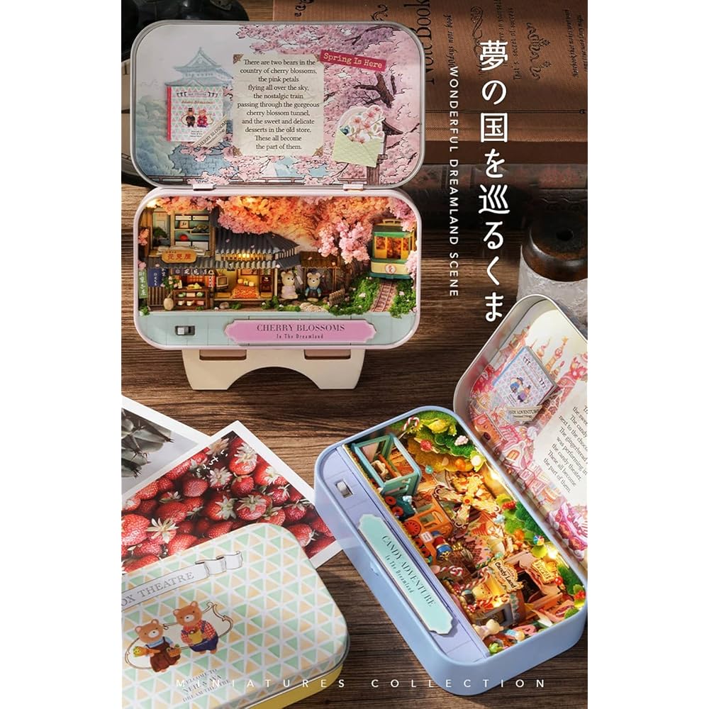 Moin Moin Dollhouse Miniature DIY Kit with LED Light and Display Stand Teddy Bear Storage Case for Beginners