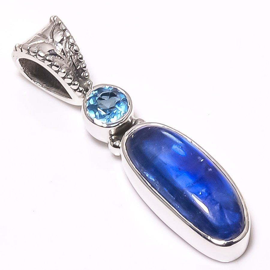 Kianit Natural, Piatră Prețioasă Topaz Albastru Argint Sterling Solid 925 Pandantiv 1.10" k2u51