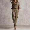 Damen karierter Jumpsuit Langarm Revers Knopfleiste Vorne Gürtel Hohe Taille Gerades Bein Retro Büro Arbeitskleidung mit Taschen