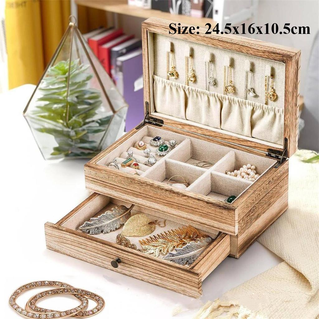 Vintage Jewelry Box Solid Wood Containers Two Layers Necklace Earrings Display Boxes with Mirror Jewelry Accessories