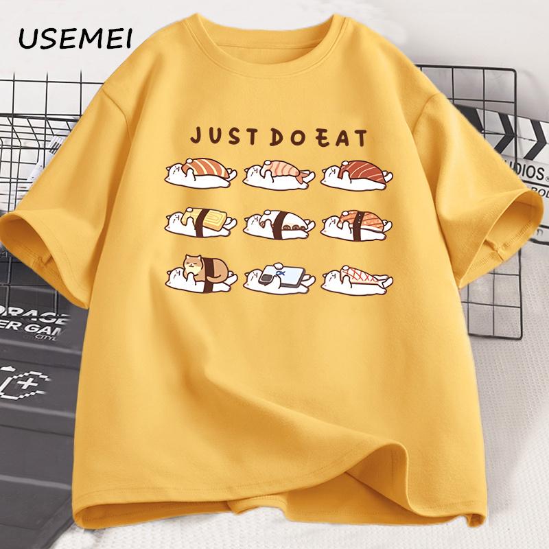 Vtipná kočičí sushi grafická trička Roztomilé kreslené bavlněné potištěné tričko Volné unisex kulatý výstřih Pánské oblečení Oversized Streetwear