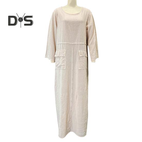 Langarmkleid für Damen, lockere Passform, einfarbig, langes Kleid mit Taschen, Rundhalsausschnitt, A-Linien-Spleißkleid im Retro-Stil für Büro, Alltag, Strandparty