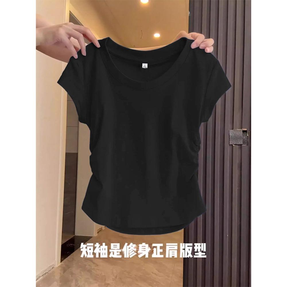 Cotton Blue Shoulder Short Sleeved T-shirt for Women In Summer, Slim Fit and Stylish, Pleated Waist Cinching Short T-shirt Top