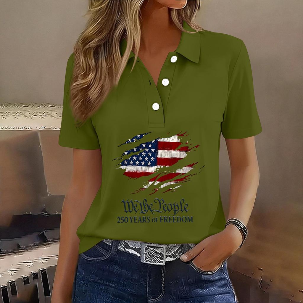 Damen Casual Knopfleiste Kurzarm Poloshirt Amerikanische Flagge Grafikdruck 250. Jahrestag Patriotisches Oberteil Leichtes Sommer-T-Shirt
