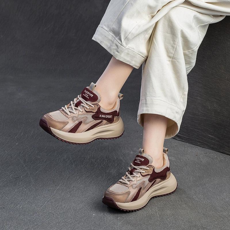 GKTINOO Women Genuine Cow Leather Sneakers Thick Soled Lace-Up Spring Autumn Lady Casual Flat Shoes Lightweight Women Shoes