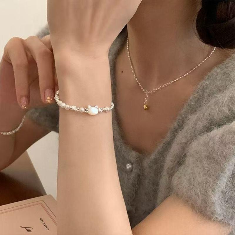 2026 Women's Luxury Cat Silver Bracelet with Pearls – Trendy Gift for Best Friend