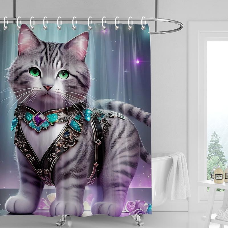 Adorable Cat & Flower Shower Curtain Washable Dirt-Resistant Shower Head Waterproof Polyester Bath Curtain For Home Decor